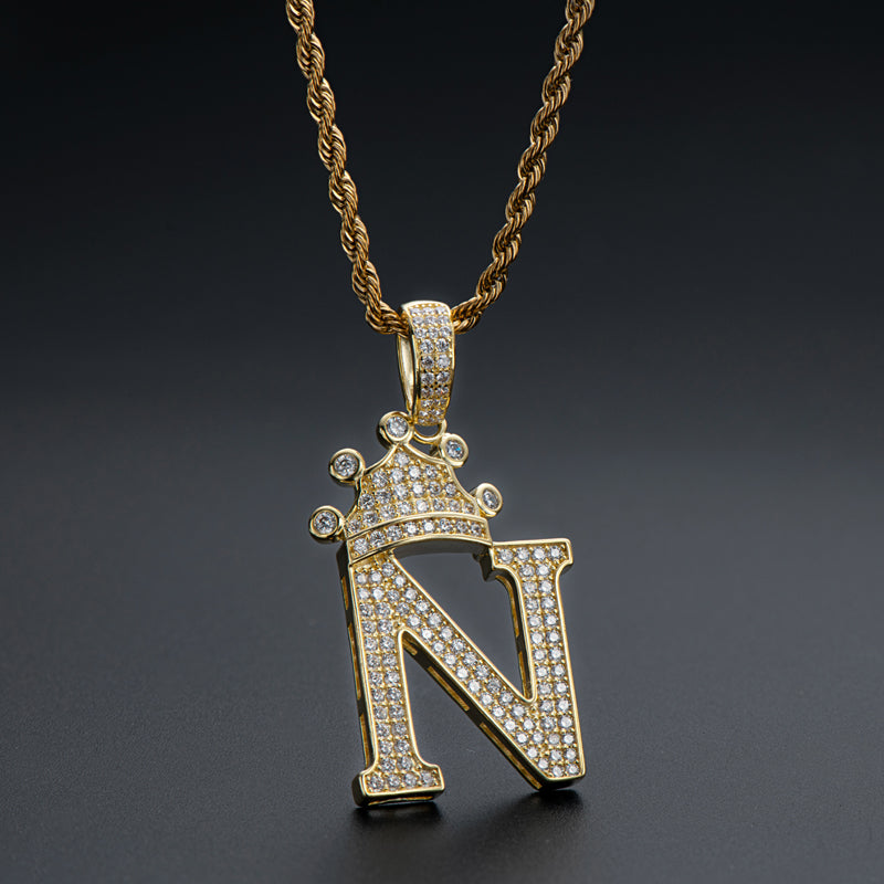 925 Sterling Silver The Letter N Created CZ Crown Hip Hop Rope Chain Pendant Necklace 7