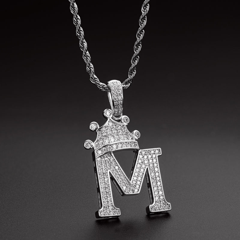 925 Sterling Silver The Letter M Created CZ Hip Hop Rope Chain Pendant Necklace 7