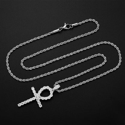 925 Sterling Silver Created CZ Cross Hip Hop Rope Chain Pendant Necklace 7