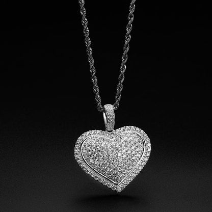 925 Sterling Silver Created CZ Heart Shaped Long Chain Hip Hop Pendant Necklace 9