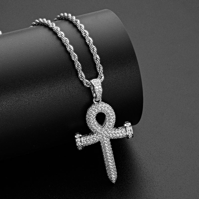 925 Sterling Silver Created Diamond Cross Hip Hop Rope Chain Pendant Necklace 8