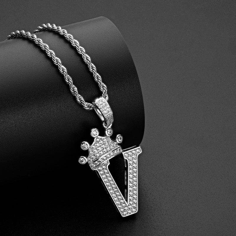 925 Sterling Silver Created CZ Hip Hop Micro Pave The Letter V Pendant Necklace 8