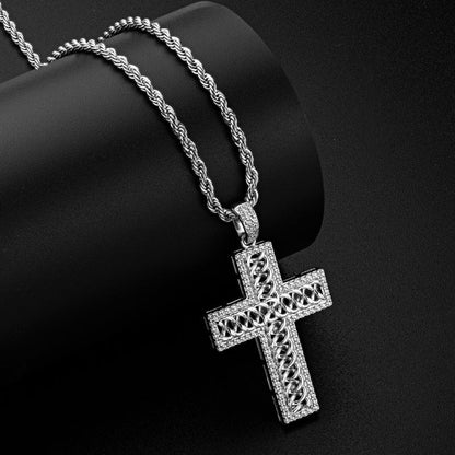 925 Sterling Silver Created Diamond Cross Hip Hop Long Chain Luxury Pendant Necklace 8