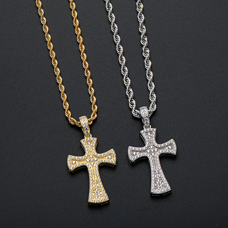 925 Sterling Silver Created CZ Cross Hip Hop Long Rope Chain Pendant Necklace 11