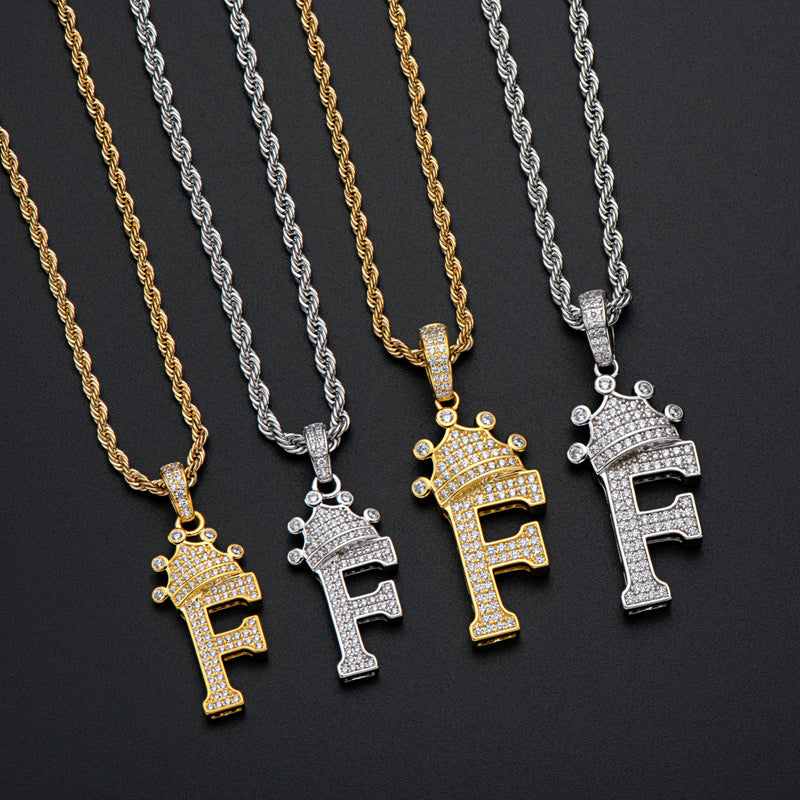 925 Sterling Silver Round Cut Created Diamond Hip Hop Micro Pave The Letter F Pendant Necklace 8