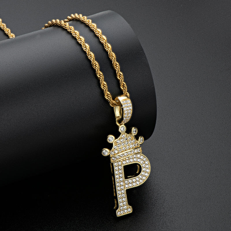 925 Sterling Silver The Letter P Created Diamond Crown Hip Hop Rope Chain Pendant Necklace 23.62'' 8