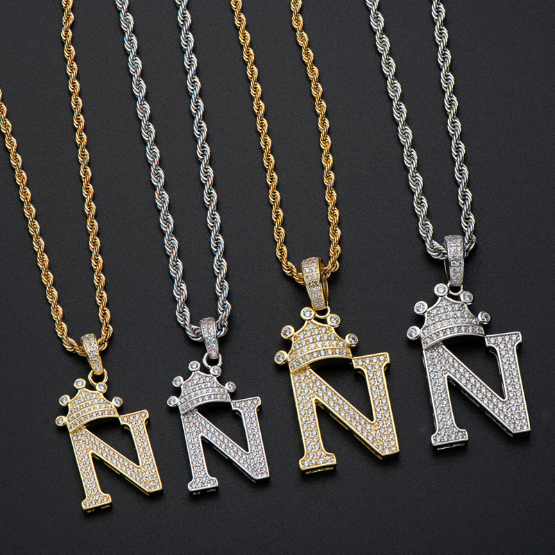 925 Sterling Silver The Letter N Created CZ Crown Hip Hop Rope Chain Pendant Necklace 8