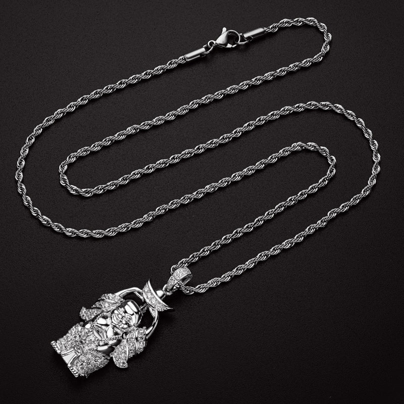 925 Sterling Silver Created Diamond Religion Buddha Statue Rope Chain Pendant Necklace 8