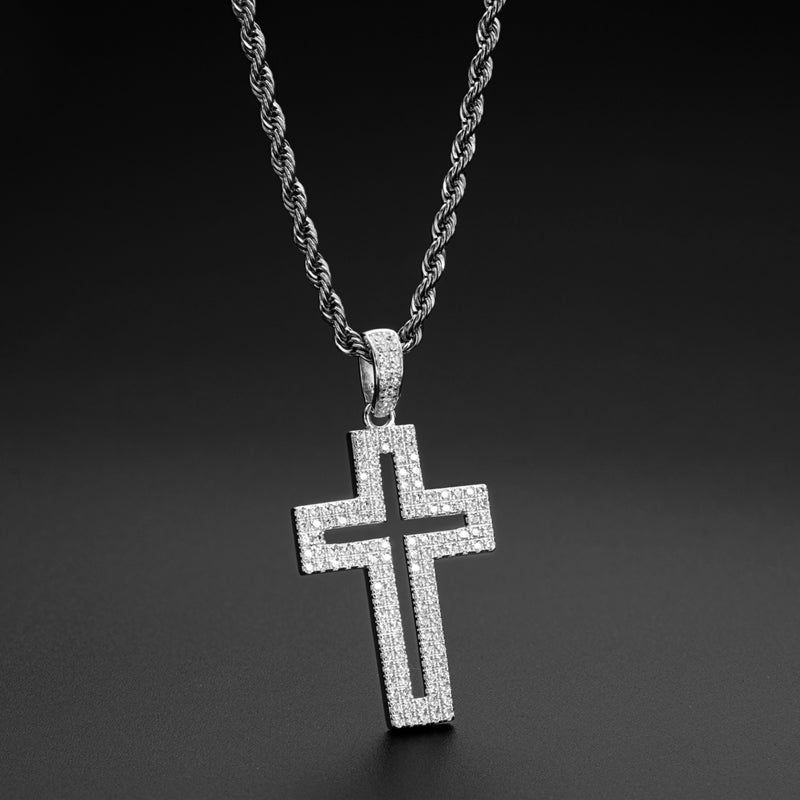 925 Sterling Silver Created Diamond Personalized Cross Hollow Pendant Necklace 9