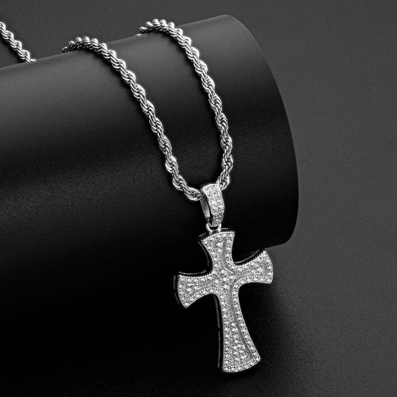 925 Sterling Silver Created CZ Cross Hip Hop Long Rope Chain Pendant Necklace 9