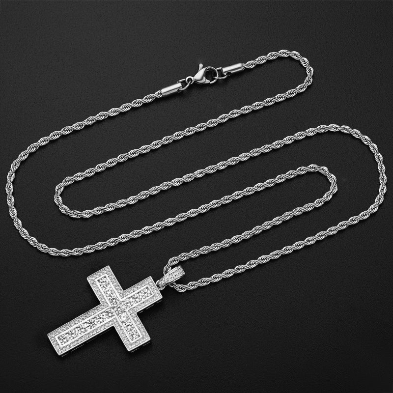 925 Sterling Silver Round Cut Created Diamond Hip Hop Charm Cross Pendant Necklace 9