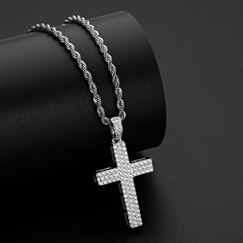 925 Sterling Silver Round Cut Created CZ Hip-Hop Cross Pendant Necklace 9