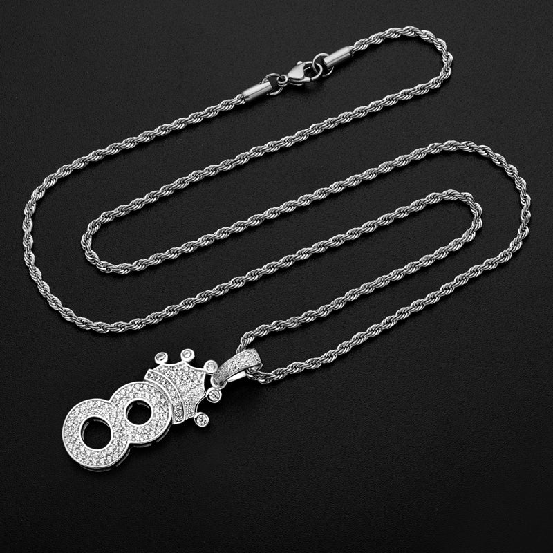 925 Sterling Silver Number 8 Created CZ Hip Hop Long Chain Pendant Necklace 8