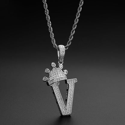 925 Sterling Silver Created CZ Hip Hop Micro Pave The Letter V Pendant Necklace 9