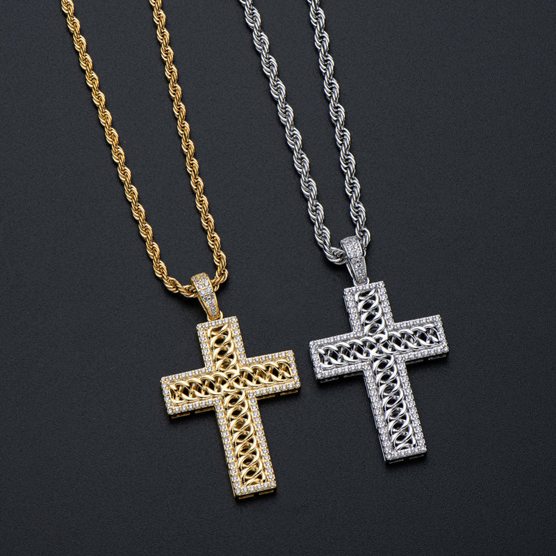 925 Sterling Silver Created Diamond Cross Hip Hop Long Chain Luxury Pendant Necklace 11