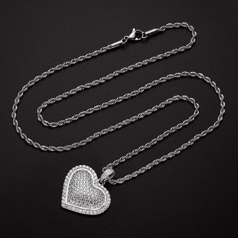 925 Sterling Silver Created Diamond Heart Shaped Hip Hop Pendant Necklace 9