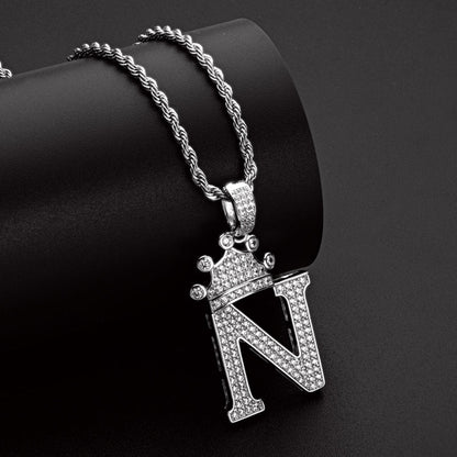 925 Sterling Silver The Letter N Created CZ Crown Hip Hop Rope Chain Pendant Necklace 9