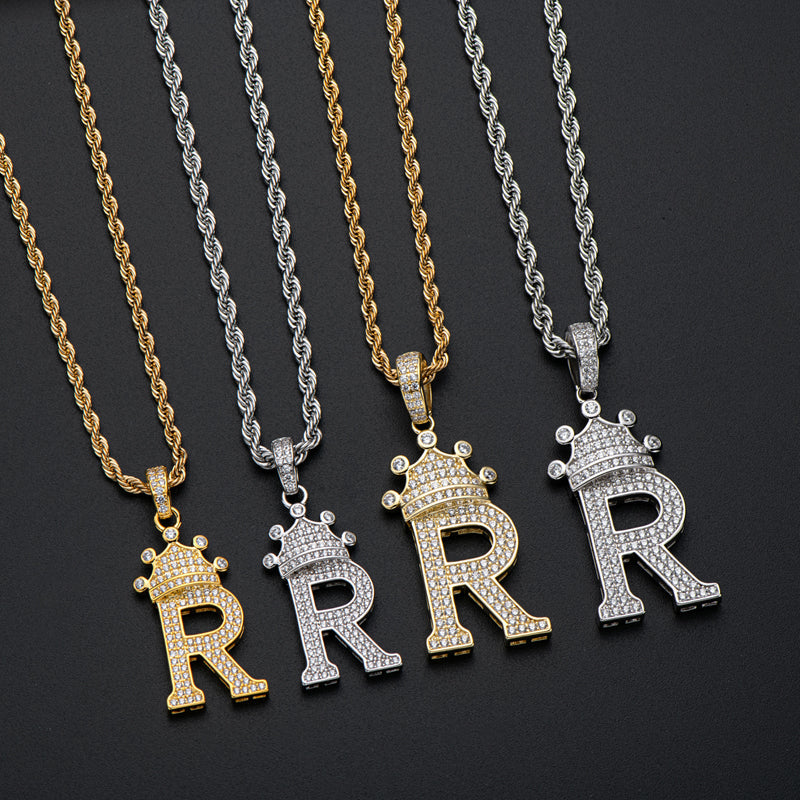 925 Sterling Silver Created CZ Hip Hop Micro Pave The Letter R Pendant Necklace 9