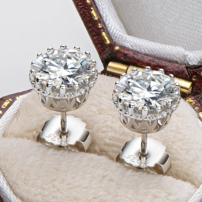 925 Sterling Silver Vintage Crown Round Cut CZ Halo Stud Earrings 9