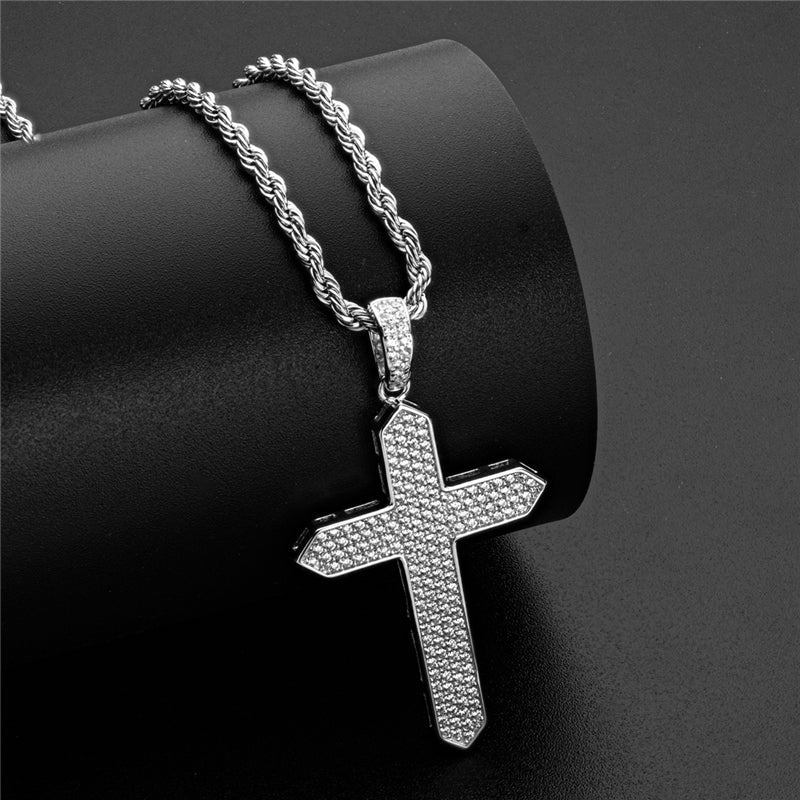 925 Sterling Silver Created CZ Cross Hip Hop Long Chain Pendant Necklace 9