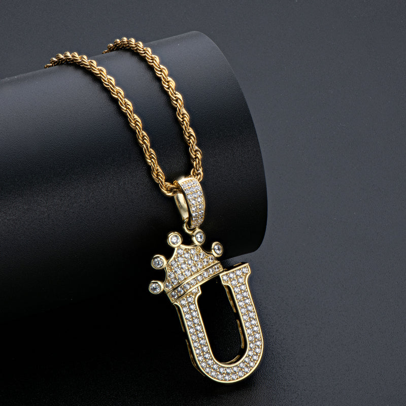 925 Sterling Silver Created Diamond Hip Hop Micro Pave The Letter U Pendant Necklace 11