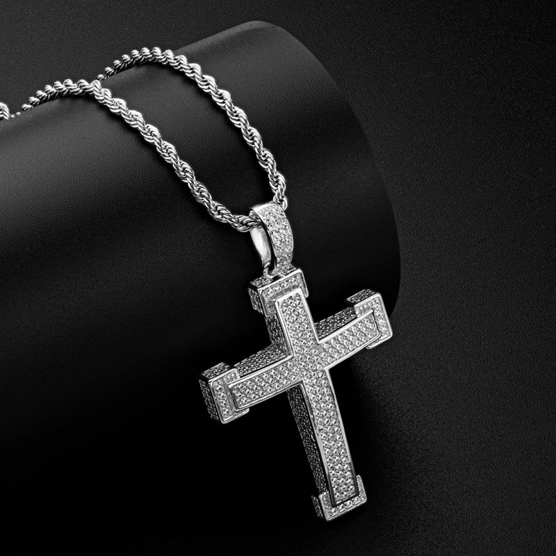 925 Sterling Silver Three Rows Round Cut Created CZ Cross Pendant Necklace 9