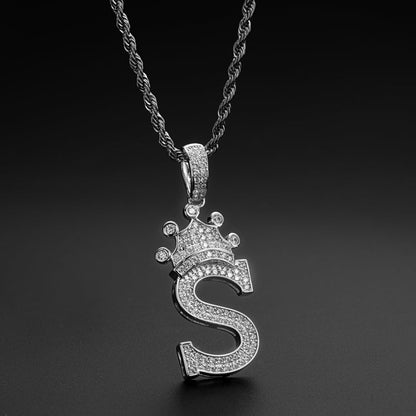 925 Sterling Silver Created CZ Hip Hop Micro Pave The Letter S Pendant Necklace 10