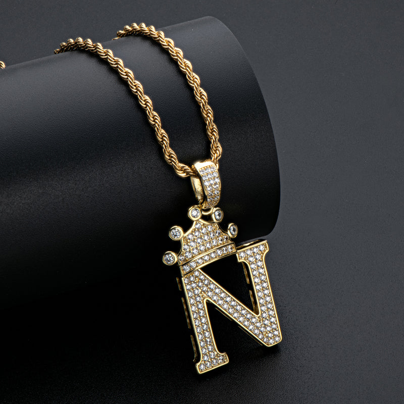 925 Sterling Silver The Letter N Created CZ Crown Hip Hop Rope Chain Pendant Necklace 10