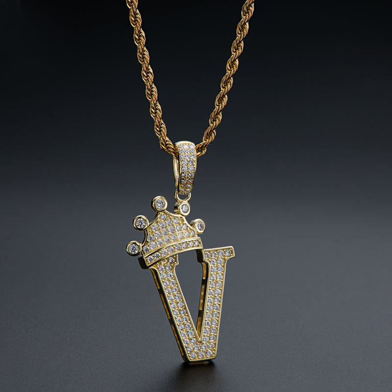 925 Sterling Silver The Letter V Created CZ Crown Hip Hop Rope Chain Pendant Necklace 23.62'' 10