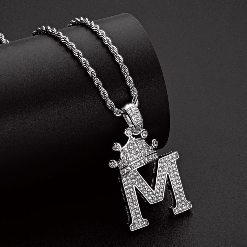 925 Sterling Silver The Letter M Created CZ Hip Hop Rope Chain Pendant Necklace 10