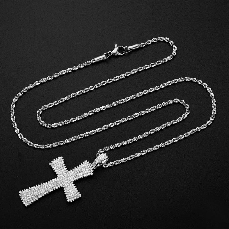 925 Sterling Silver Created Diamond Cross Hip Hop Rope Chain Luxury Pendant Necklace 9