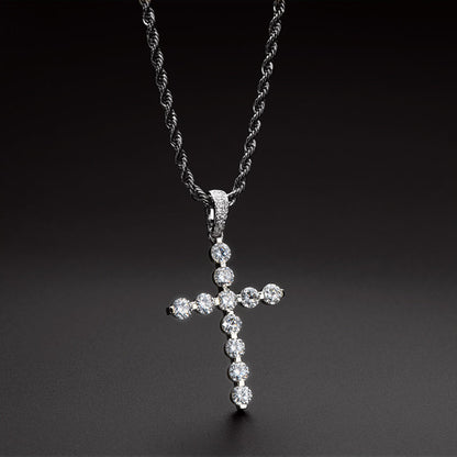 925 Sterling Silver Round Cut Created CZ Cross Pendant Necklace 10