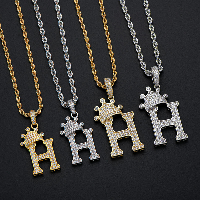 925 Sterling Silver Round Cut Created Diamond Hip Hop Micro Pave The Letter H Pendant Necklace 10