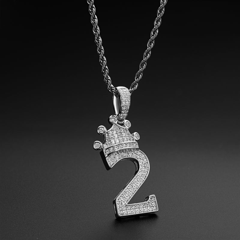 925 Sterling Silver Number 2 Created Diamond Hip Hop Long Chain Pendant Necklace 11