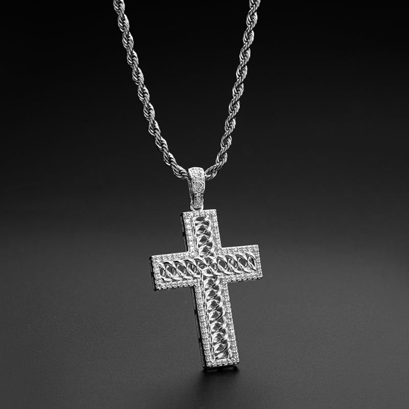 925 Sterling Silver Created Diamond Cross Hip Hop Long Chain Luxury Pendant Necklace 10