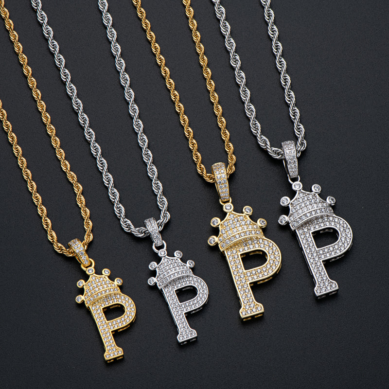 925 Sterling Silver The Letter P Created Diamond Crown Hip Hop Rope Chain Pendant Necklace 23.62'' 11