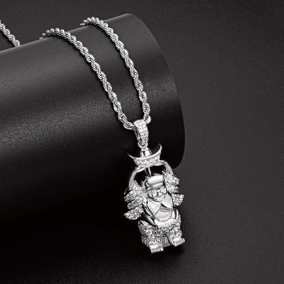 925 Sterling Silver Created Diamond Religion Buddha Statue Rope Chain Pendant Necklace 10