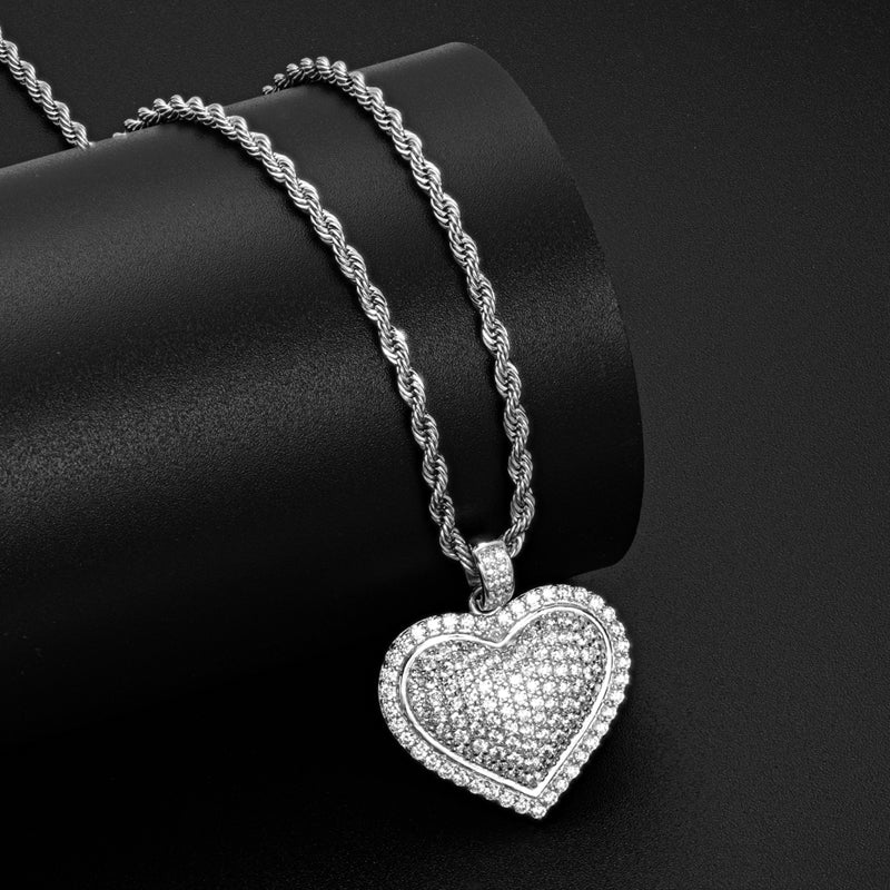 925 Sterling Silver Created Diamond Heart Shaped Hip Hop Pendant Necklace 11