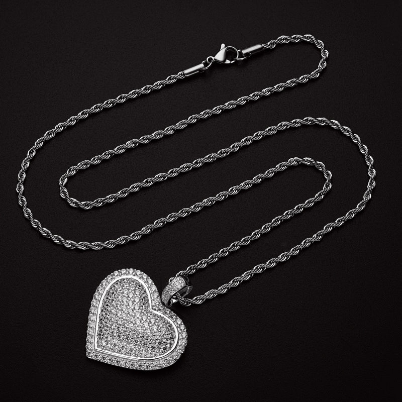 925 Sterling Silver Created CZ Heart Shaped Long Chain Hip Hop Pendant Necklace 6