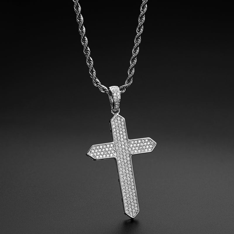 925 Sterling Silver Created CZ Cross Hip Hop Long Chain Pendant Necklace 7