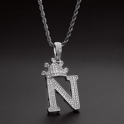 925 Sterling Silver The Letter N Created CZ Crown Hip Hop Rope Chain Pendant Necklace 11