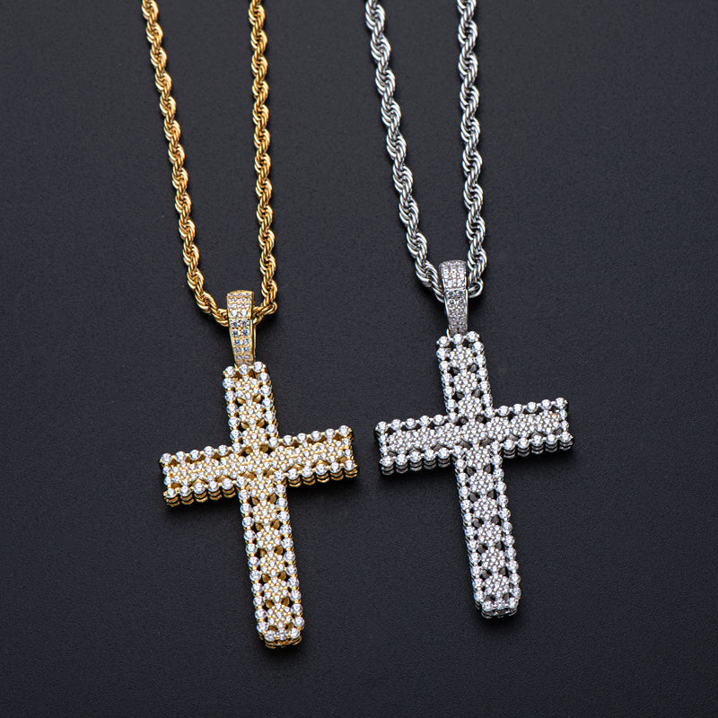 925 Sterling Silver Round Cut Created Diamond Personalized Cross Hip Hop Pendant Necklace 23.62'' 11