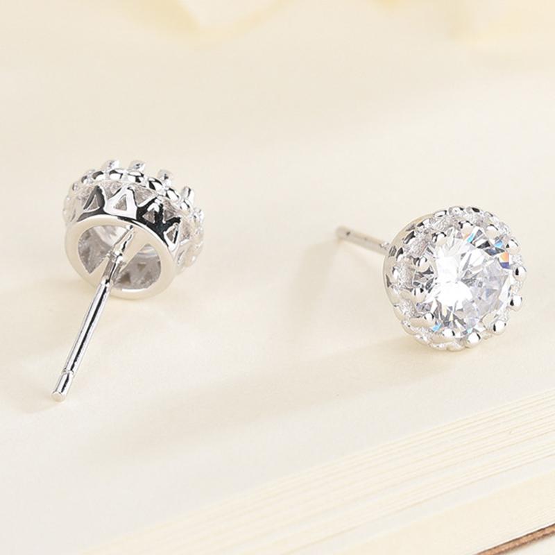 925 Sterling Silver Vintage Crown Round Cut CZ Halo Stud Earrings 14