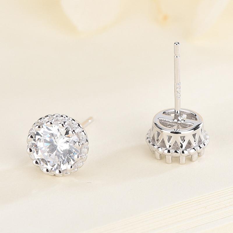 925 Sterling Silver Vintage Crown Round Cut CZ Halo Stud Earrings 15