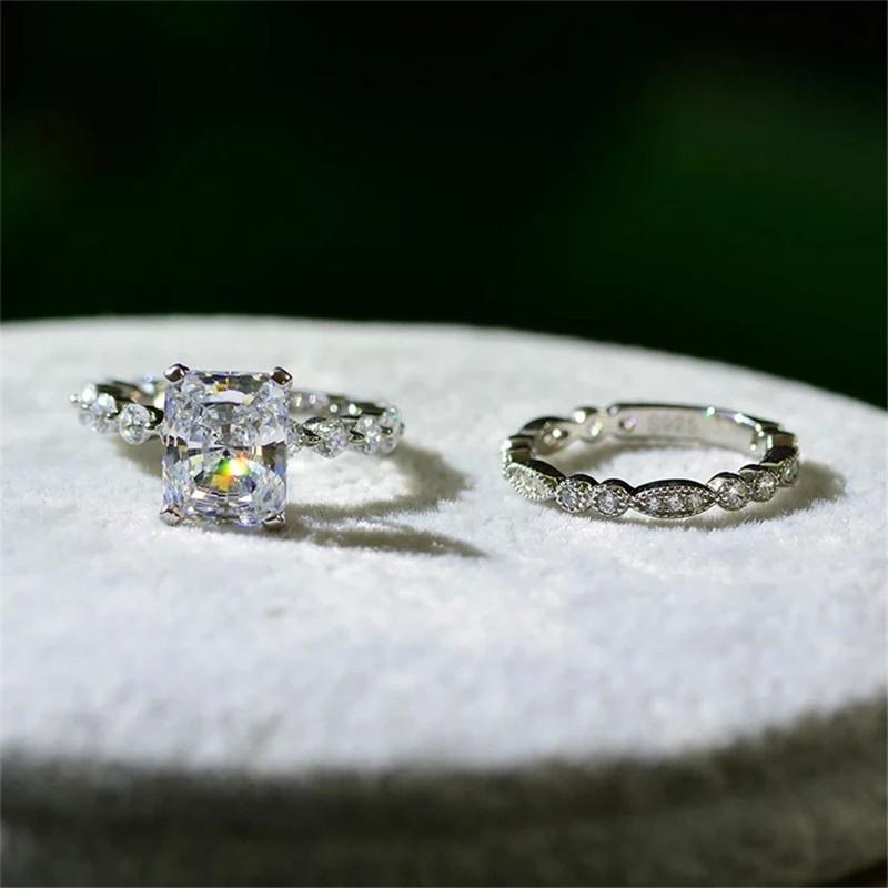 925 Sterling Silver Radiant Cut CZ Bridal Ring Sets 4