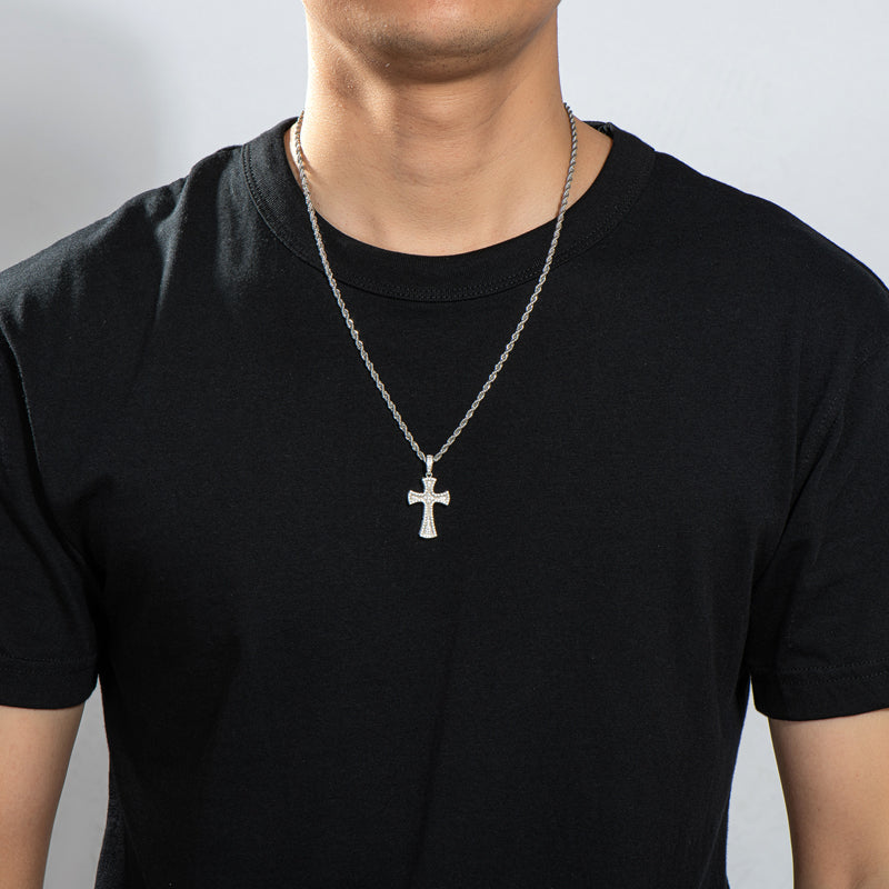 925 Sterling Silver Created CZ Cross Hip Hop Long Rope Chain Pendant Necklace 14