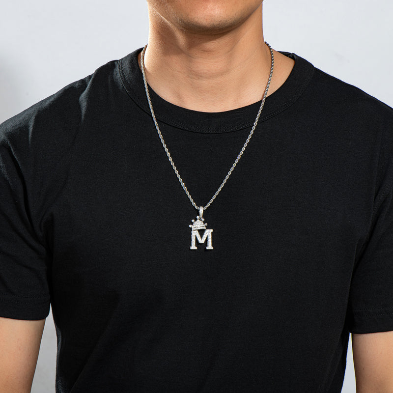 925 Sterling Silver The Letter M Created CZ Hip Hop Rope Chain Pendant Necklace 14