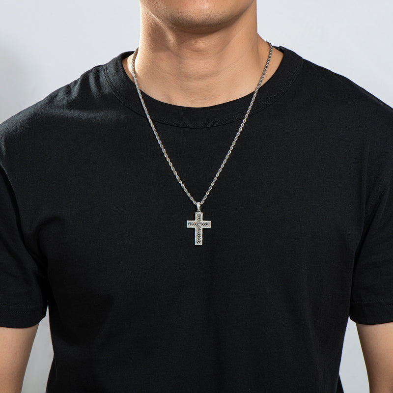 925 Sterling Silver Created Diamond Cross Hip Hop Long Chain Luxury Pendant Necklace 15