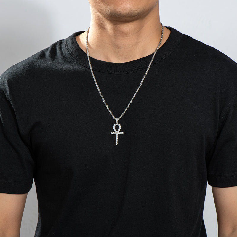 925 Sterling Silver Created CZ Cross Hip Hop Rope Chain Pendant Necklace 15