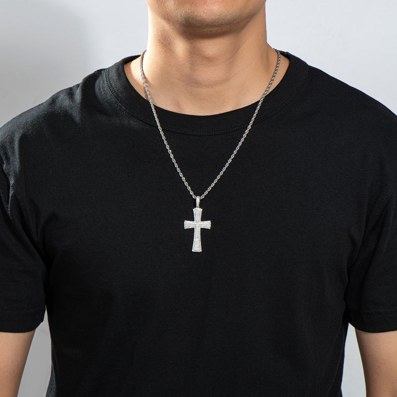 925 Sterling Silver Created Diamond Cross Hip Hop Rope Chain Luxury Pendant Necklace 15